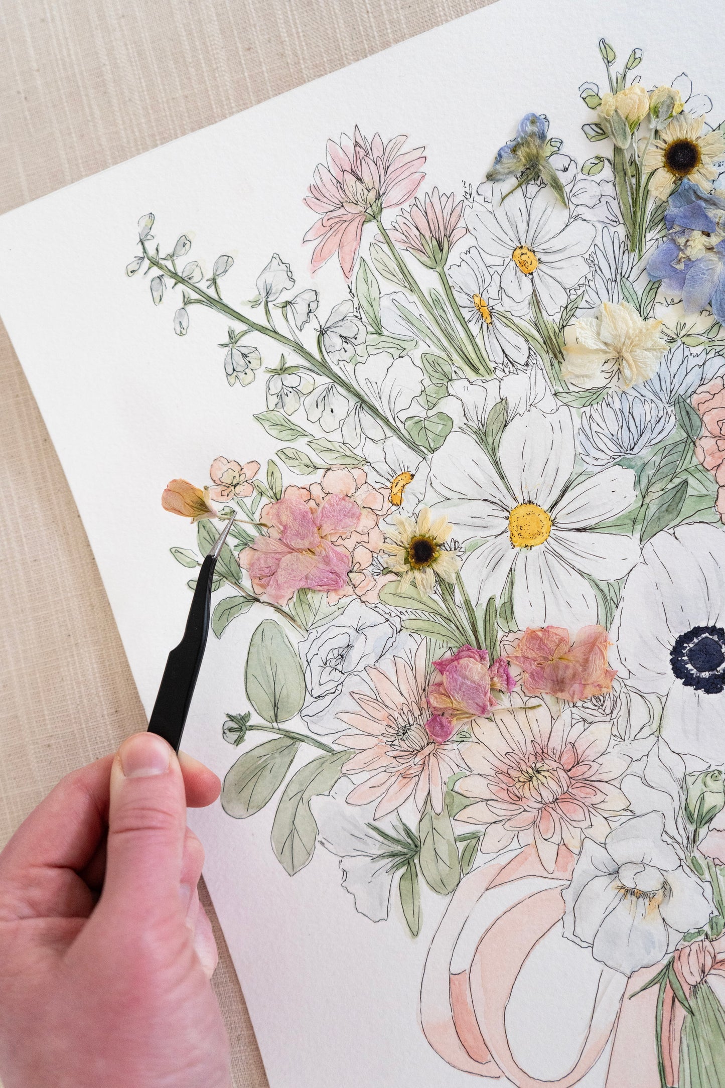 Custom Watercolor Bouquet with Pressed Flowers